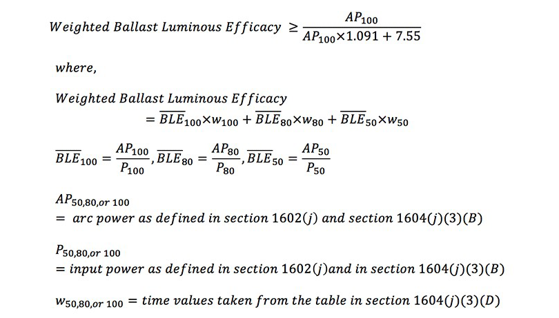 Equation 2,  Equation for weighted ballast luminous efficacy