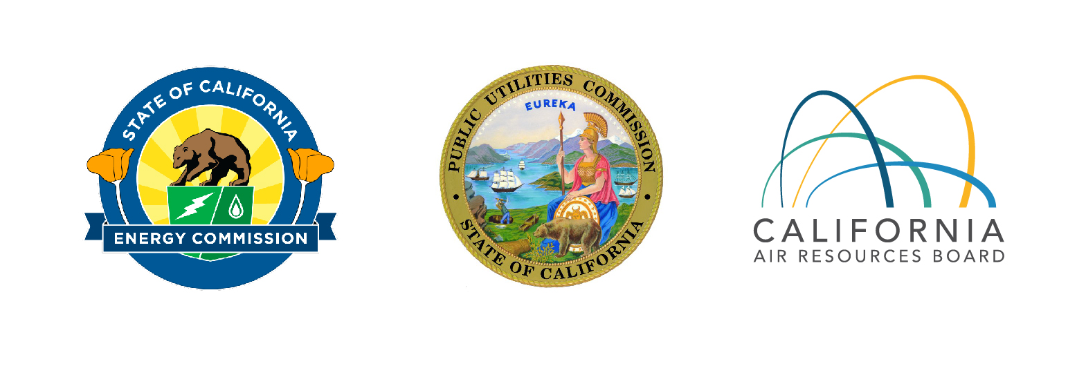 Logos for the California Energy Commission, the California Public Utilities Commission, and the California Air Resources Board