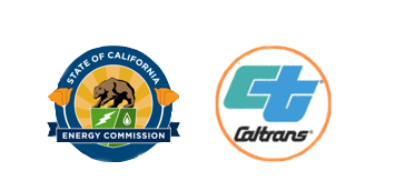 Logos, California Energy Commission (left) and California Tranportation (right) over an ocean background with shoreline in the distance.