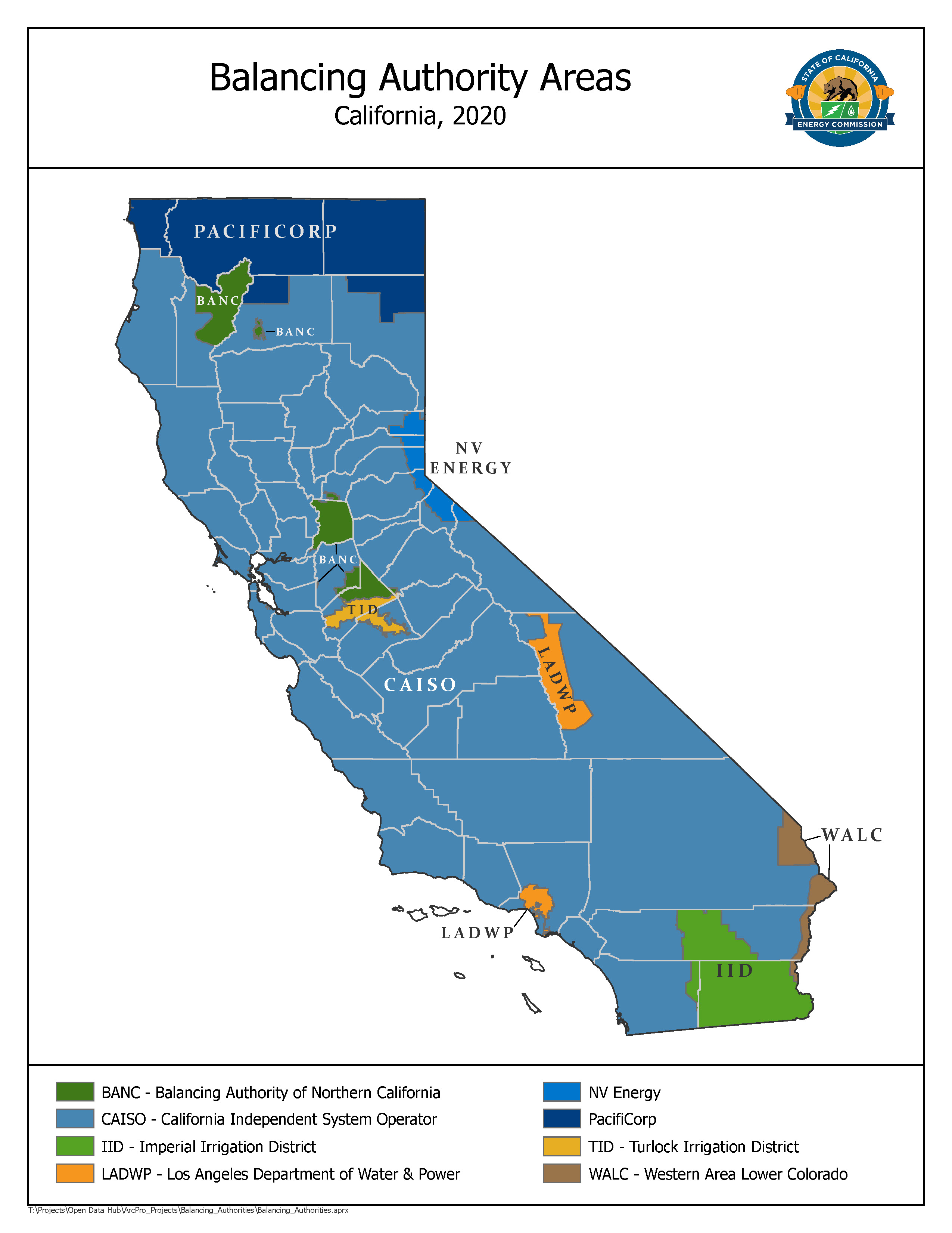 Map of California displaying balancing authority areas.