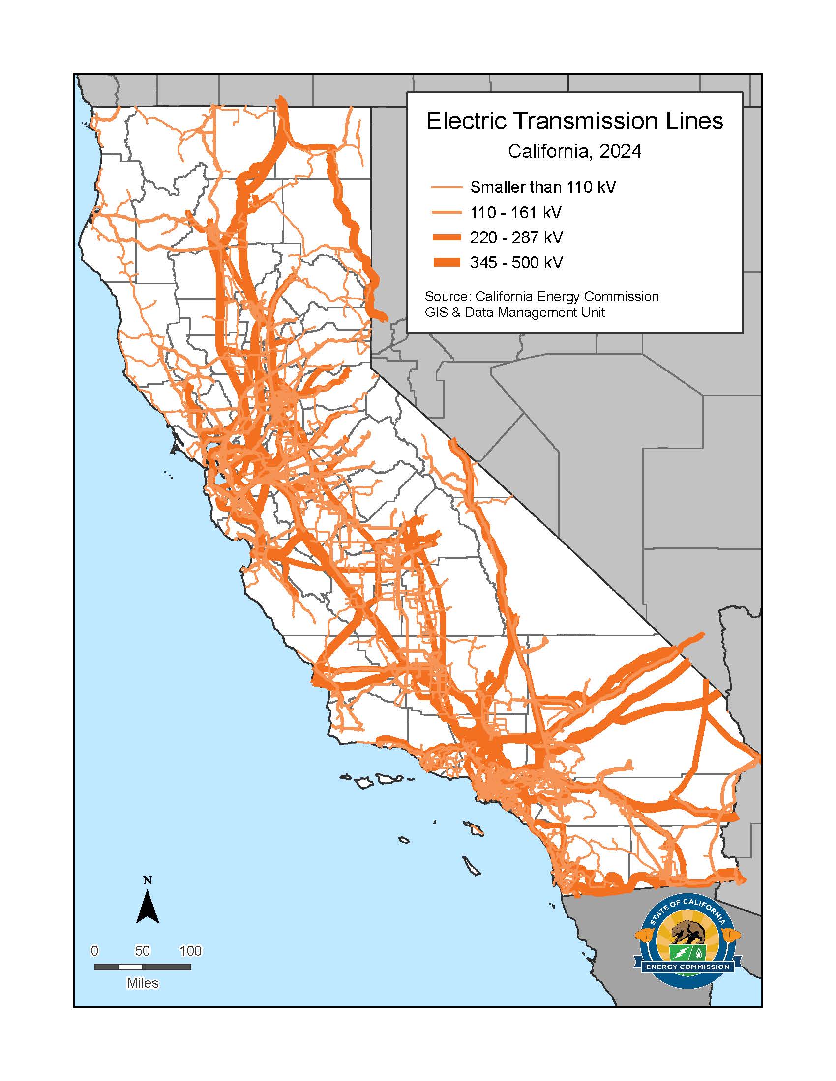 A map of California that shows how transmission lines of various size criss-cross the state.
