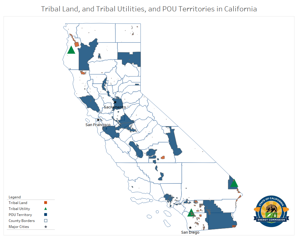 Tribal- S4A map displaying tribal land, tribal utilities, and POU (Publicly Owned Utility) territories in California.