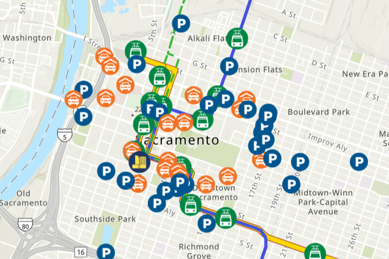 Interactive map that provides parking and transportation information.