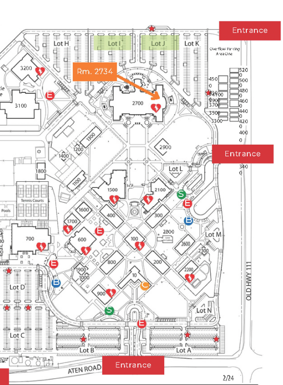 Map of Imperial Valley College showing reserved parking location, car entrances, and room location