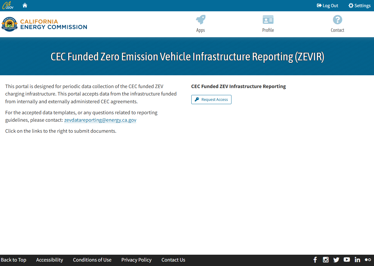 CEC web portal listing available applications, with ‘show hidden apps’ checkbox control checked.