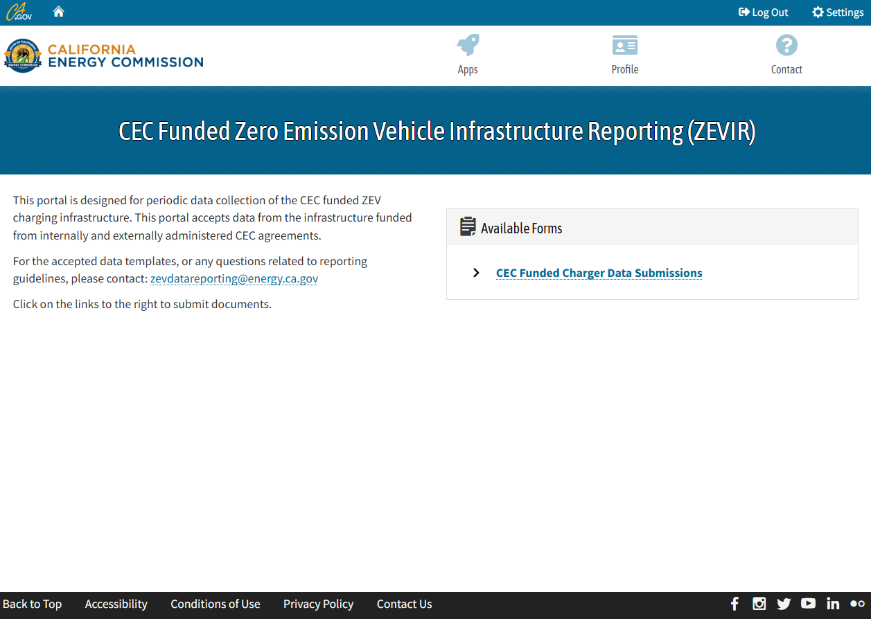CEC web portal listing available forms, with “CEC Funded Charger Data Submissions” as clickable link.