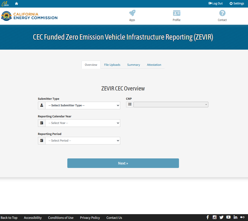 CEC web portal displaying form with dropdown selection controls and clickable “Next” button.