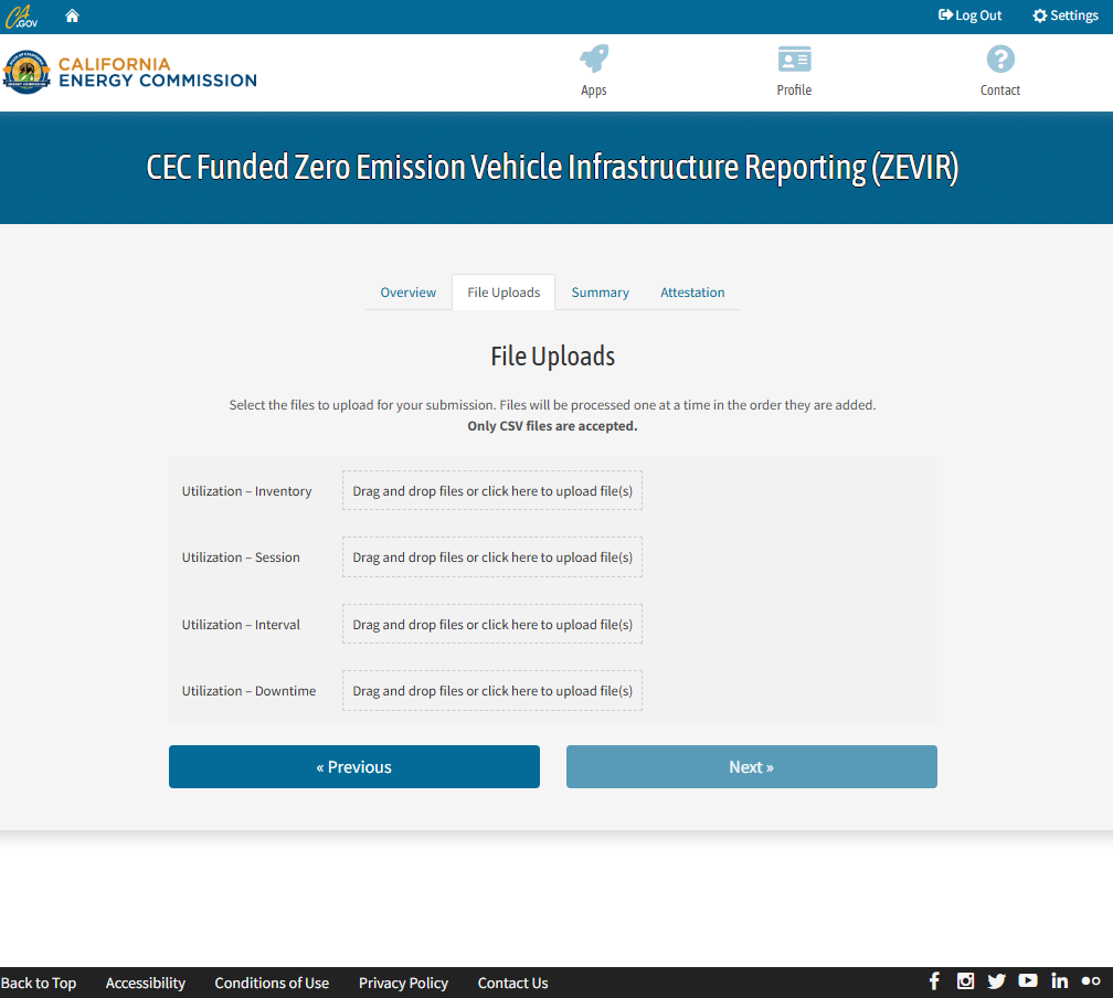 CEC web portal displaying four areas to drag and drop or click to upload utilization files with “Previous” and “Next” clickable buttons.