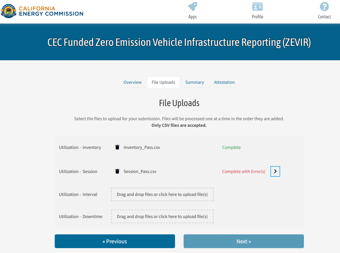 CEC web portal displaying two example utilization files uploaded, displaying validation messages in green and red text, with “Previous” and “Next” clickable buttons.