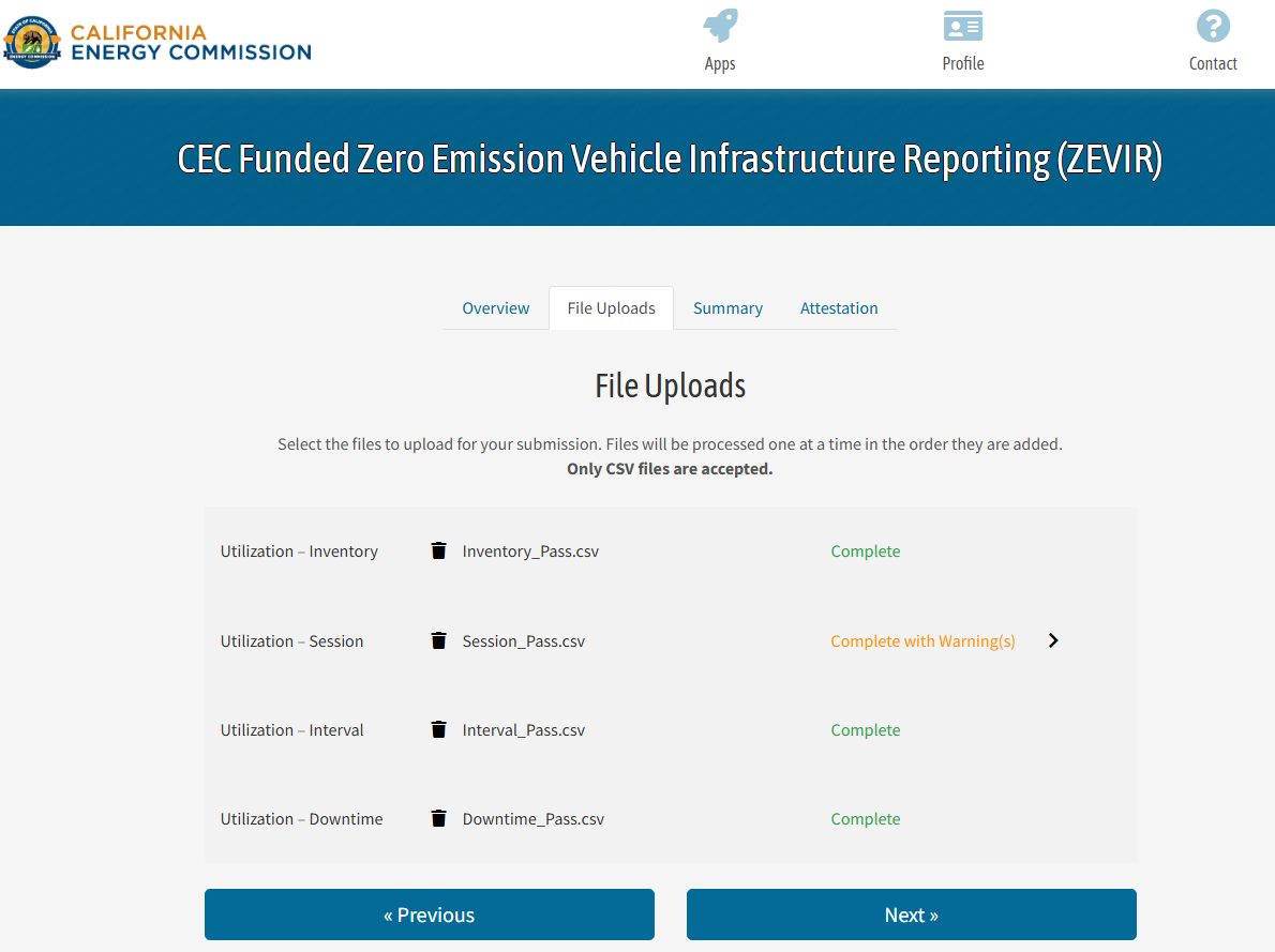 CEC web portal displaying four example utilization files uploaded, displaying validation messages in green and yellow text, with “Previous” and “Next” clickable buttons.