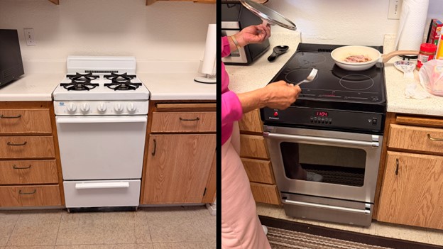 Side-by-side photos of old and new stoves.