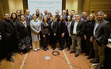 Image of CEC with En Banc. CEC adopted a Resolution Committing to Support Tribal Energy Sovereignty. This resolution was adopted at a CEC and CPUC En Banc.