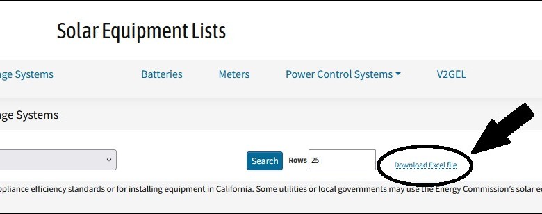 CEC Solar Equipment List page Excel download location