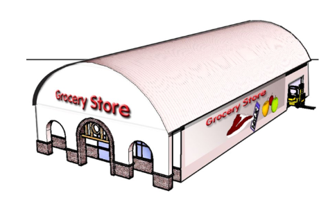 Grocery store with a barrel roof.