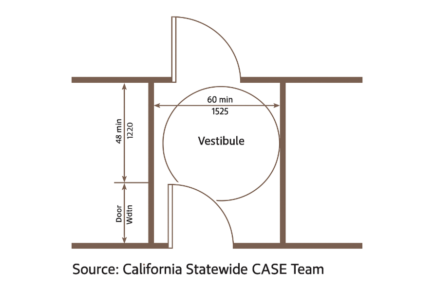 the requirements for how a vestibule should be installed. A simple floor plan shows a vestibule with two swinging doors. A circular clearance labeled “60 min / 1525” is centered inside. The left doorway includes a vertical measurement labeled “48 min / 1220.”