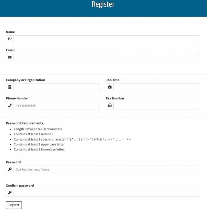 Web portal registration page with empty input fields for contact information and password setup fields.