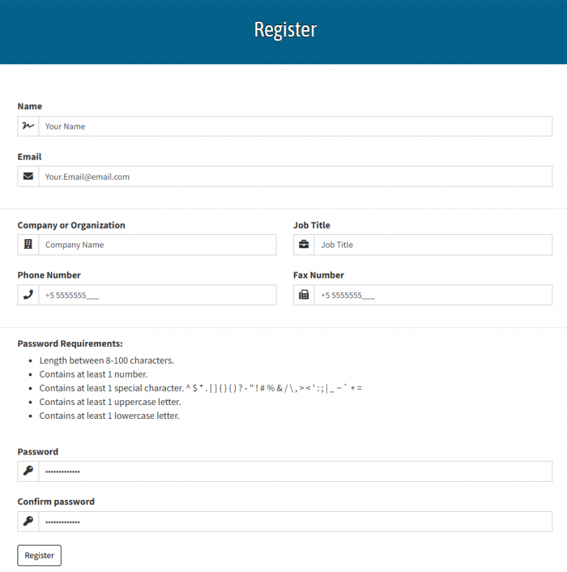 Web portal registration page with input fields for contact information and password setup fields, ready to click register.