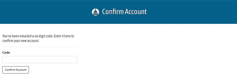 Web portal showing confirm account screen requesting emailed code to confirm account, with clickable button Confirm Account