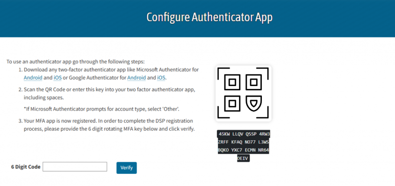 Web portal showing configure authenticator app screen requesting authentication code and QR code with input field for Digital Code and clickable button to Verify.