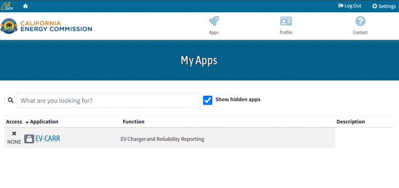 Web portal listing available applications, with ‘show hidden apps’ checkbox control checked
