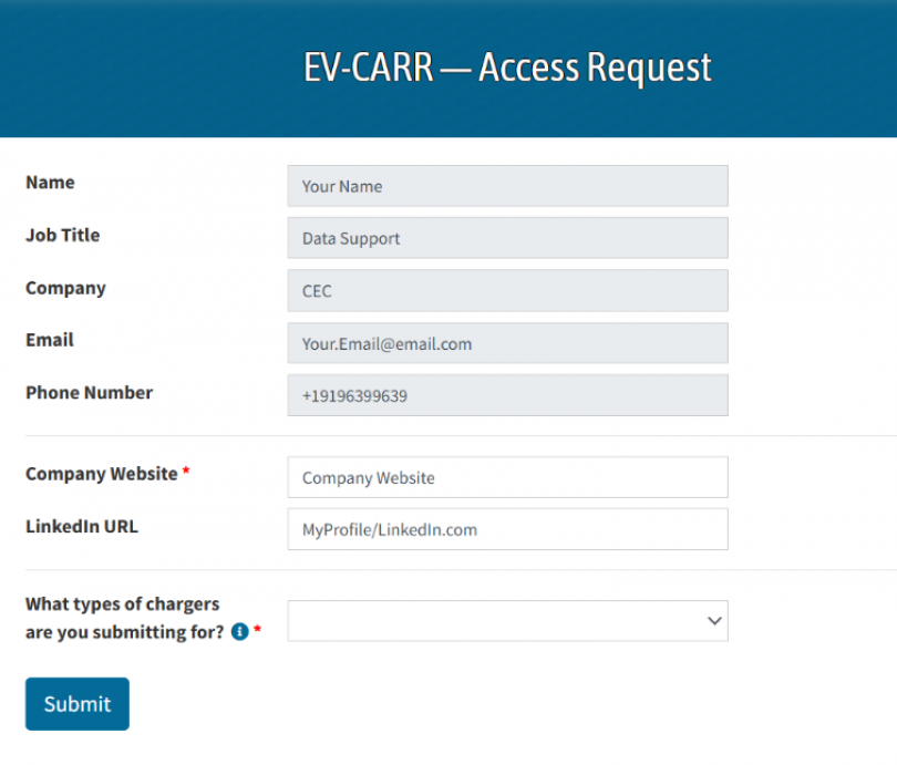 Web portal access request form features greyed out contact details and active input fields with required red asterisks. Blue Submit button at bottom of form.