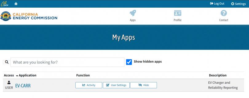 CEC web portal listing available applications, with “show hidden apps” checkbox control checked
