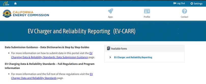 CEC web portal listing available forms, with “EV Charger and Reliability Reporting ” as clickable link