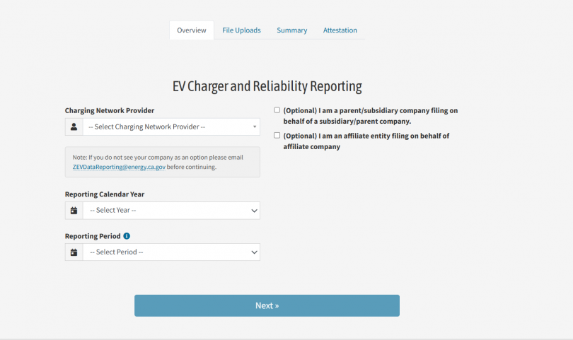 CEC web portal displaying form with dropdown selection controls and clickable “Next” button