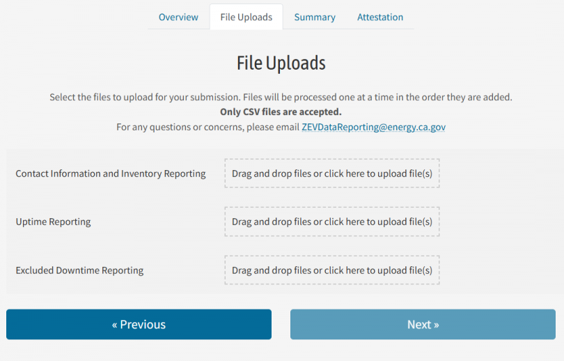CEC web portal displaying four areas to drag and drop or click to upload utilization files with “Previous” and “Next” clickable buttons