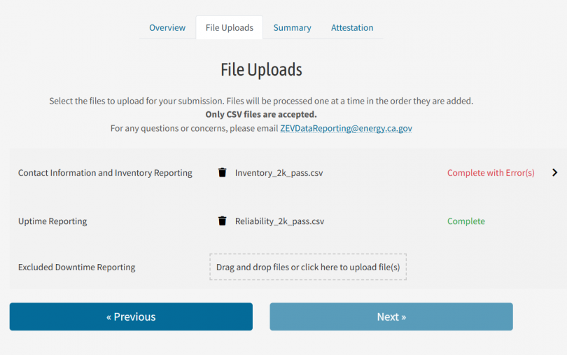 CEC web portal displaying two example files uploaded, displaying validation messages in green and red text, with “Previous” and “Next” clickable buttons