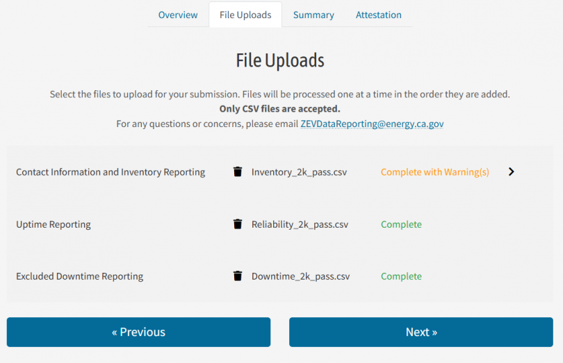 CEC web portal displaying four example utilization files uploaded, displaying validation messages in green and yellow text, with “Previous” and “Next” clickable buttons 