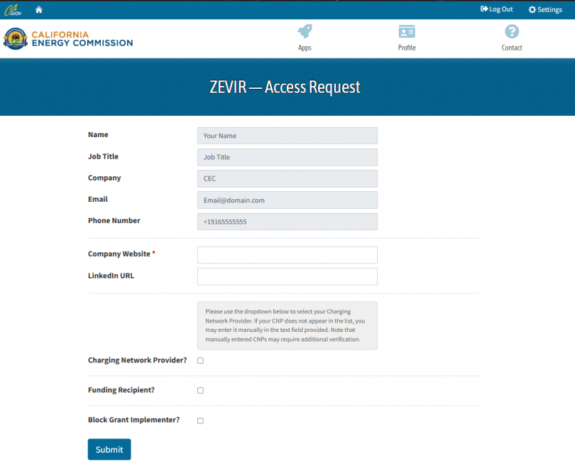 VEVIR  for page for filling out Contact and Company Information