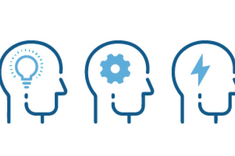 pictograph of three head facing right, first has lightbulb in head, second has cog gear, and third has electrical bolt