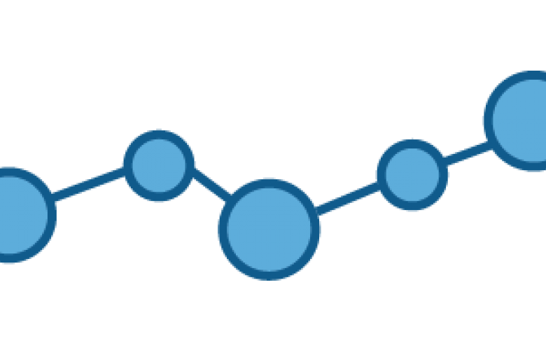 Pictograph of five circles filled with blue and connected by a line increasing upward slowly 