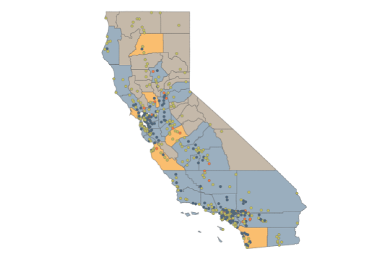 A map of California counties and cities, and their status regarding meeting Senate Bill 379 and their participation in CalAPP program.