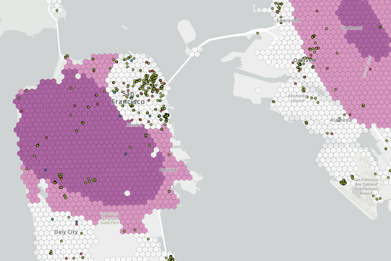 Screenshot of GIS map for Public Near-Home Charging Among Electric Vehicles Without Home Charging, showing point layer and market demand.
