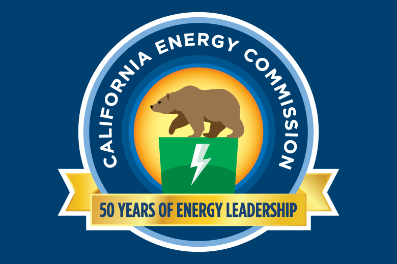 Image of a brown bear standing on a block with a lightning bolt surrounded with the text "California Energy Commission, 50 Years of Energy Leadership logo"