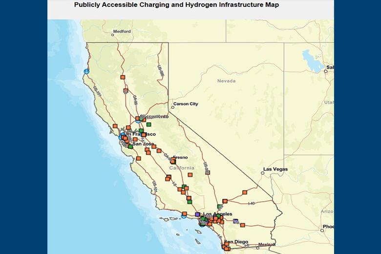 A map of California showing the bordering states, with orange, purple and green squares scattered on it, which represent charging and refueling stations for zero-emission trucks.