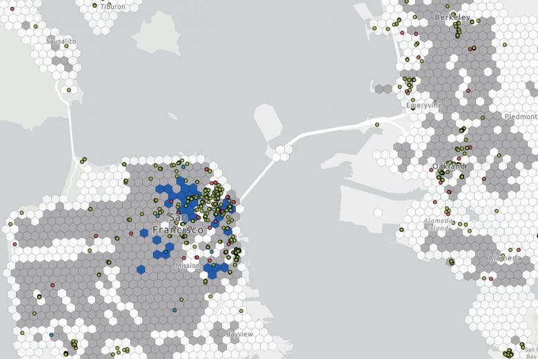 Screenshot of GIS map for Public Near-Home Charging Among Electric Vehicles Without Home Charging, showing point layer and market demand.