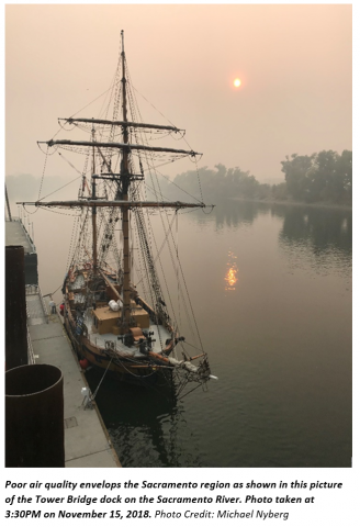 Poor air quality in the Sacramento region. November 2018 at the Tower Bridge Dock on the Sacramento River. Photo Credit: Michael Nyberg